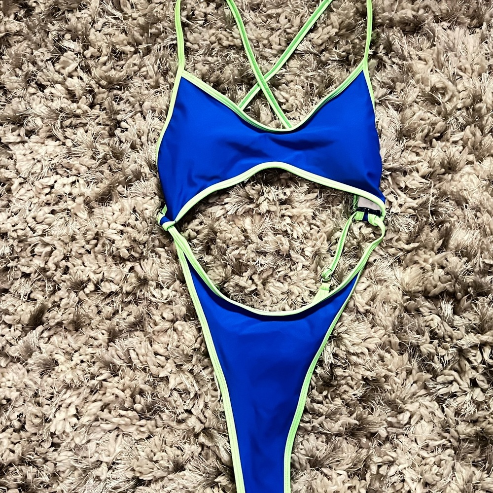 SHEIN Blue and Green One Piece Swimsuit with Cut-Out Design